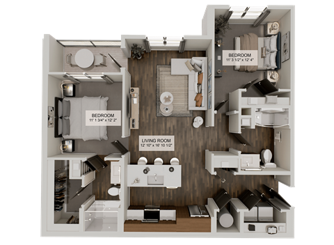 Floor plan for 2 beds, 2 baths, 1067 sqft